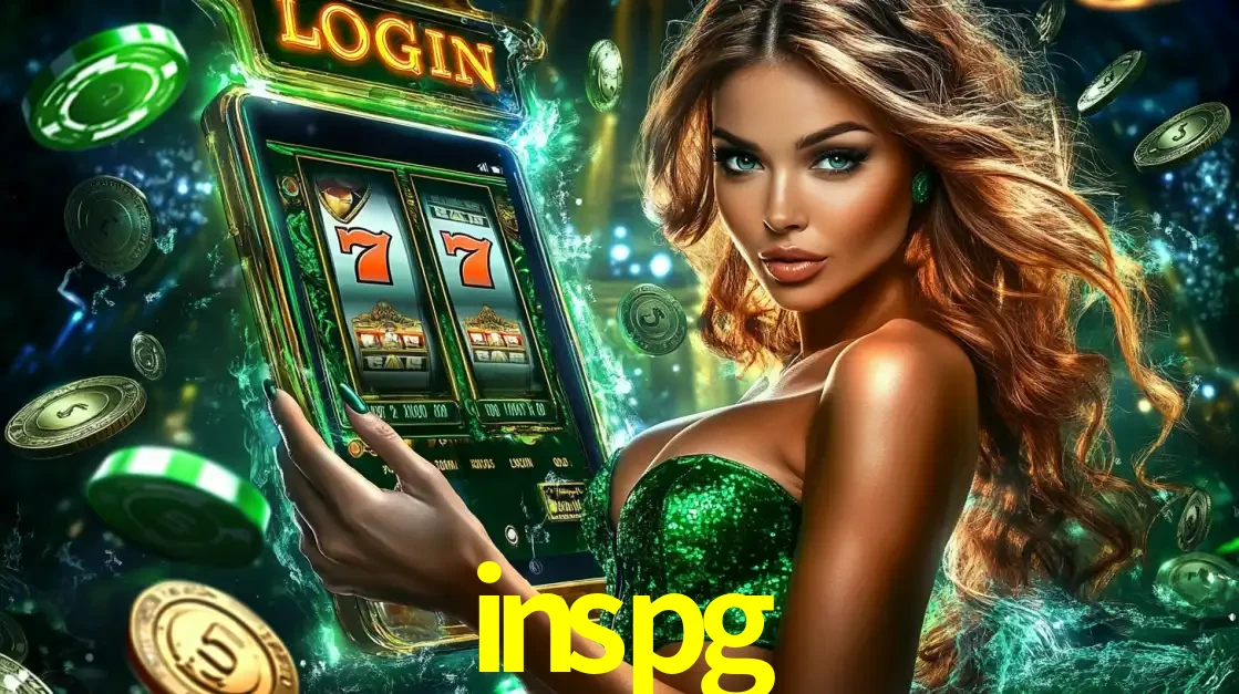 Mulher com tema verde apresentando o aplicativo do cassino inspg com um jogo de slot de 777, cercada por fichas de cassino e uma aura de sorte.