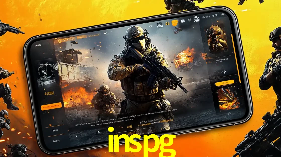 Um smartphone exibindo a interface de um jogo de tiro em primeira pessoa, com um soldado em um cenário de batalha, representando a ação dos e-sports para apostar no inspg.