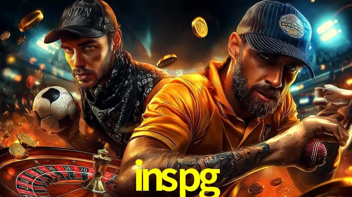 Montagem de apostas esportivas e cassino no inspg, com um homem segurando uma bola de futebol e outro uma de beisebol sobre uma roleta e moedas voadoras.