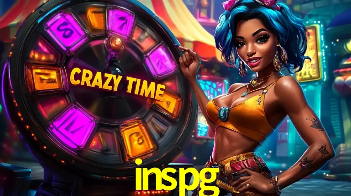 Mulher estilizada com cabelo azul e visual vibrante posando ao lado da roda de prêmios do game show Crazy Time, convidando para a diversão e os bônus do cassino inspg.