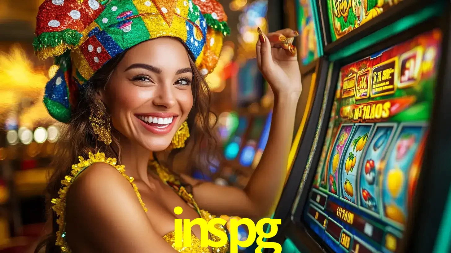 Mulher feliz com traje de carnaval amarelo e colorido ao lado de uma máquina de caça-níqueis, aproveitando a diversão e os jogos temáticos do cassino inspg.