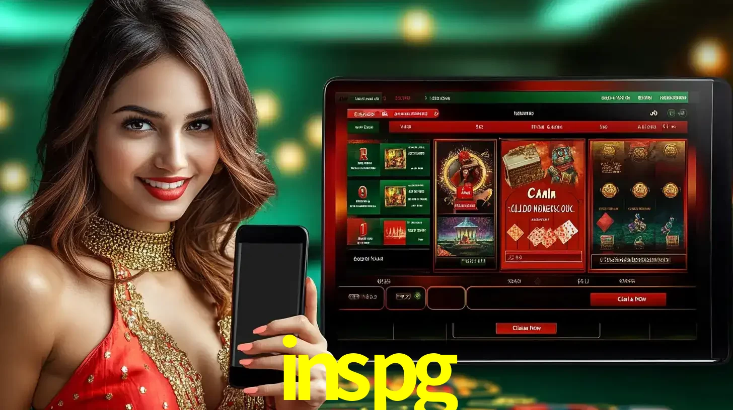 Mulher sorridente segurando um smartphone, ao lado de uma tela exibindo o lobby de jogos do cassino online inspg, com várias opções de jogos de cartas e slots.